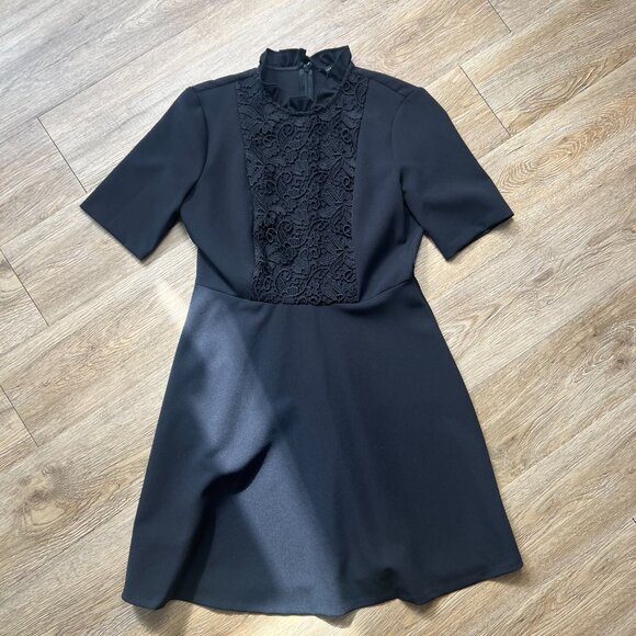 Zara Dress Womens Medium Lace Front A-Lined Mock Neck Pretty Little Black Skater - Picture 3 of 5